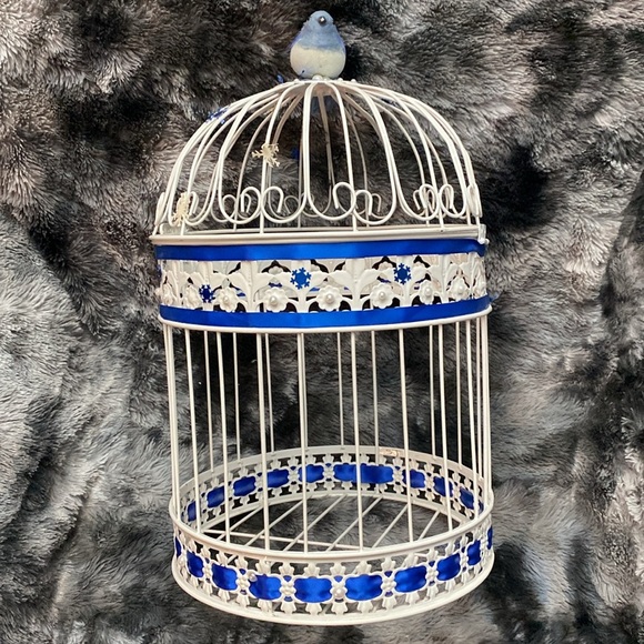 White  Wrought Iron Birdcage
Decorative Hinged Bird Embellished with blue bird - Picture 10 of 16